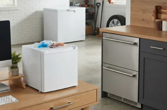 A variety of compact freezer styles shown in different home settings.