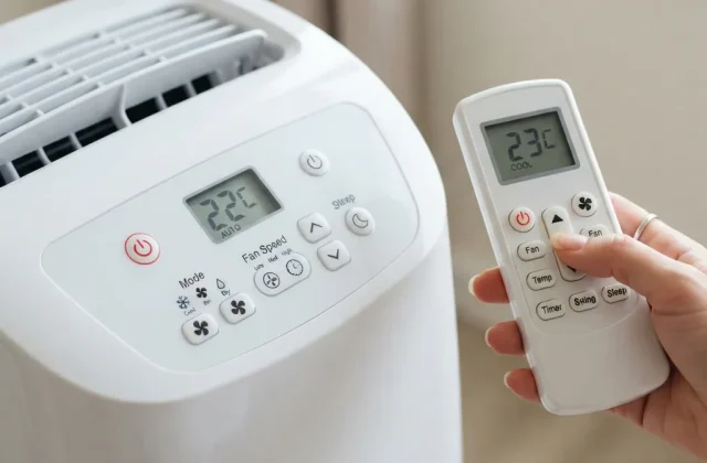 Close-up of a portable air conditioner remote control and control panel showing various function buttons.