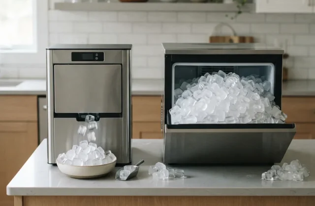 A split comparison showing a compact ice maker producing a small pile of cubes versus a larger unit producing a substantial mound of ice.