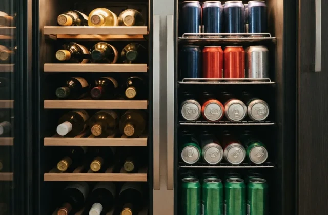 Interior view of a beverage cooler filled with wine bottles and cans.