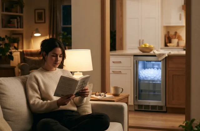 A person relaxing in a living area with a quiet undercounter ice maker running smoothly in an adjacent kitchen space.