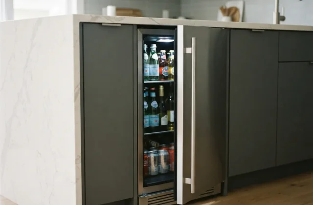 A built-in compact refrigerator installed flush under a kitchen countertop.